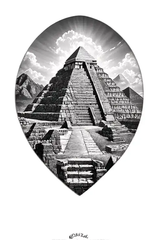 collage of ancient sites such as gobekli tepe, giza pyramids, ephesus, angkor wat, machu pichu, chicen itza, easter isla tattoo design idea