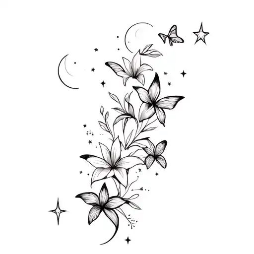 lillies butterflies, moon, stars, fingerprint tattoo design idea