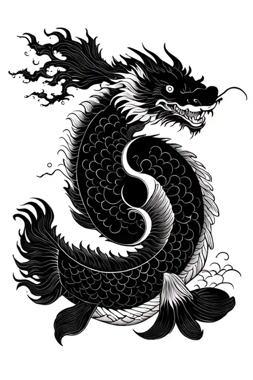 Chinese dragon, ying yang, koi fish, bonsai tree tattoo design idea