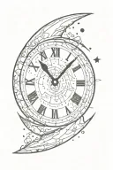 clock marking 00:00 moon universe tattoo design idea