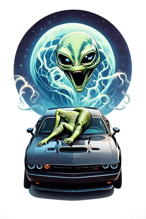 an alien lies on the roof of a black dodge challenger car  tattoo design idea