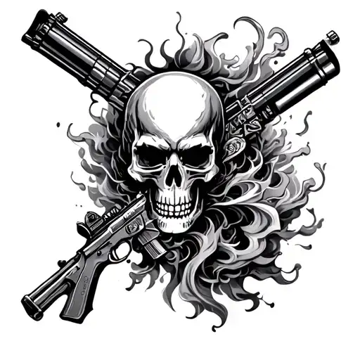 badass arm sleeve with guns, skulls, smoke, storms, war symbols and shading. include mystic and mythical creatures and w tattoo design idea