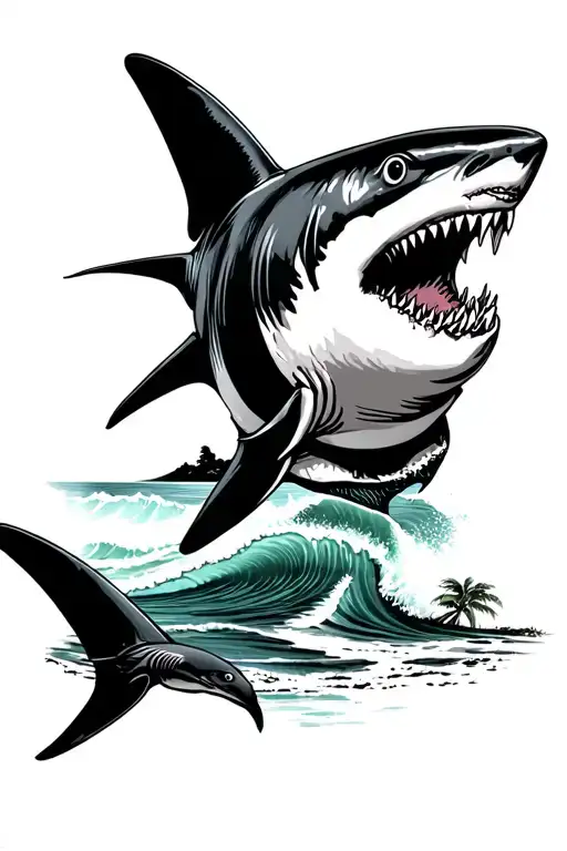 sharks, ocean, waves, beach scene with palm trees tattoo design idea