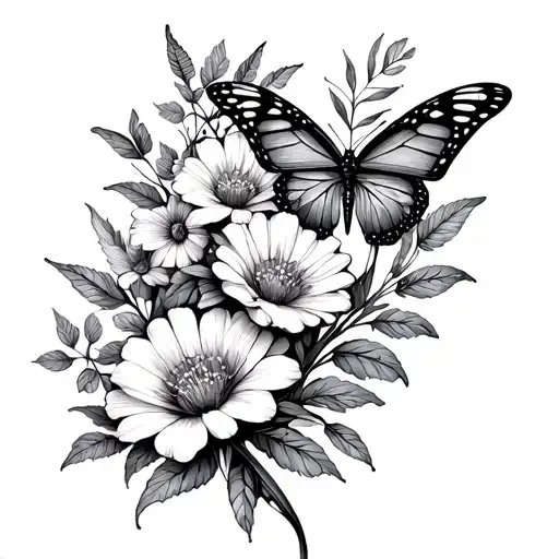 butterflies, flowers, stems, for a leg tattoo tattoo design idea