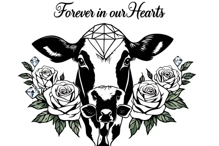"Forever in our Hearts " "Forever in our Hearts " "Forever in our Hearts " "Forever in our Hearts "  cow,roses,diamonds and baby calf tattoo design idea