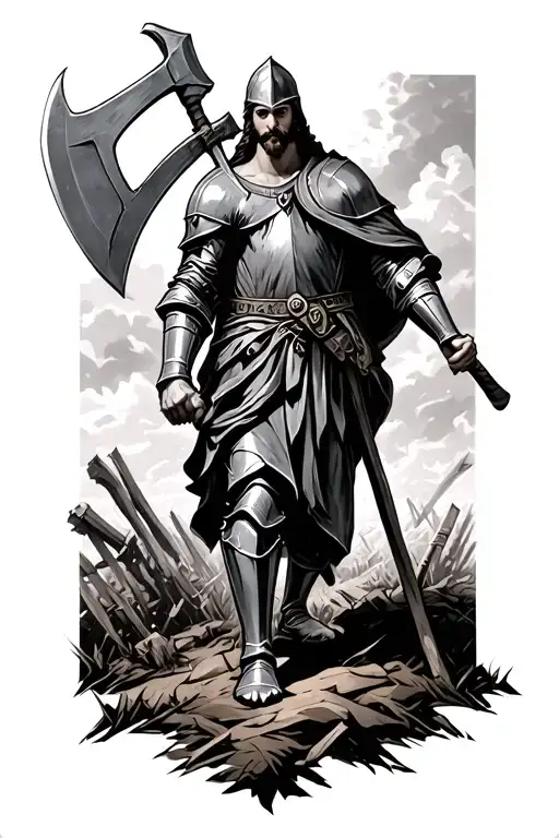 Knight with a poleaxe on a battlefield under jesus tattoo design idea
