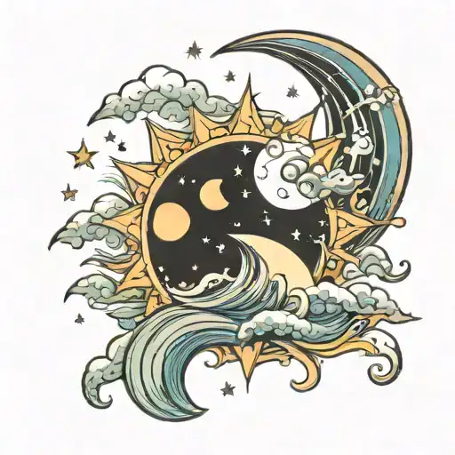 stars, moon, ocean, waves, sun, clouds. tattoo design idea