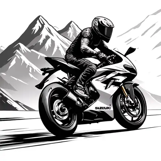 Man riding Suzuki GSXR with mountain background on highway tattoo design idea