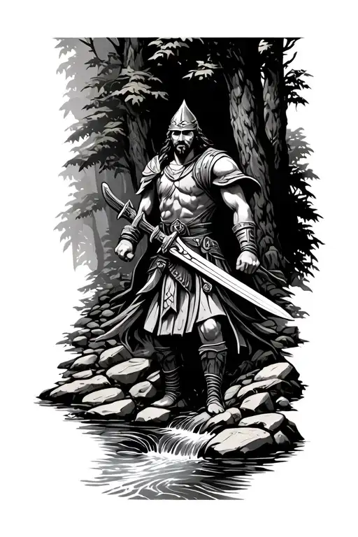 dacian warrior wielding a sword in a woodlands with a stream of water going downwards surrounded by pebble rock walls tattoo design idea