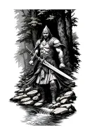 dacian warrior wielding a sword in a woodlands with a stream of water going downwards surrounded by pebble rock walls tattoo design idea