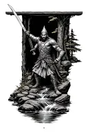 dacian warrior wielding a sword in a woodlands with a stream of water going downwards surrounded by pebble rock walls tattoo design idea