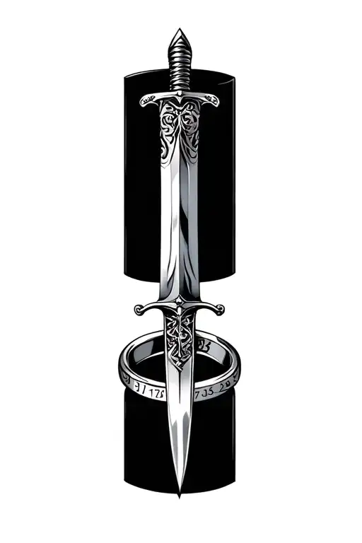slim dagger going through a wedding band that has the date on the ring 03-17-25 tattoo design idea