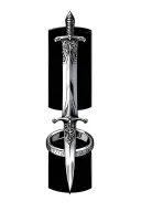 slim dagger going through a wedding band that has the date on the ring 03-17-25 tattoo design idea