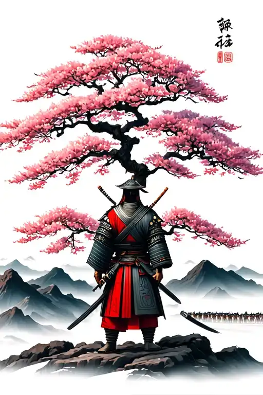 samurai standing under a cherry blossom tree on top of a mountain  looking at a distant army approaching tattoo design idea