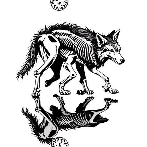 Coyote walking with another coyote skeleton reflected underneath connected by feet. fine line tattoo design idea