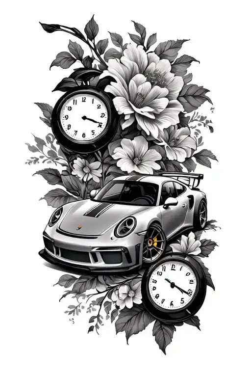 Porsche 911 GT3 RS sleeve with clocks and flowers in the background tattoo design idea
