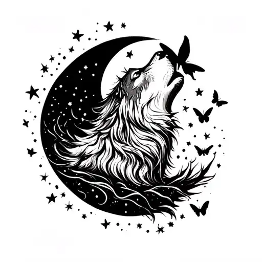 wolf howling, butterflies, little stars and moons  tattoo design idea