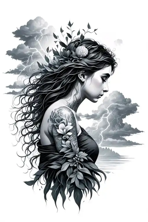 Mother Nature with a thunderstorm behind her tattoo design idea