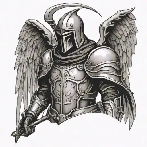 The Reaper looks straight ahead in a knight's helmet with wings (like the legionnaire in Dota) (on the throat tattoo) tattoo design idea