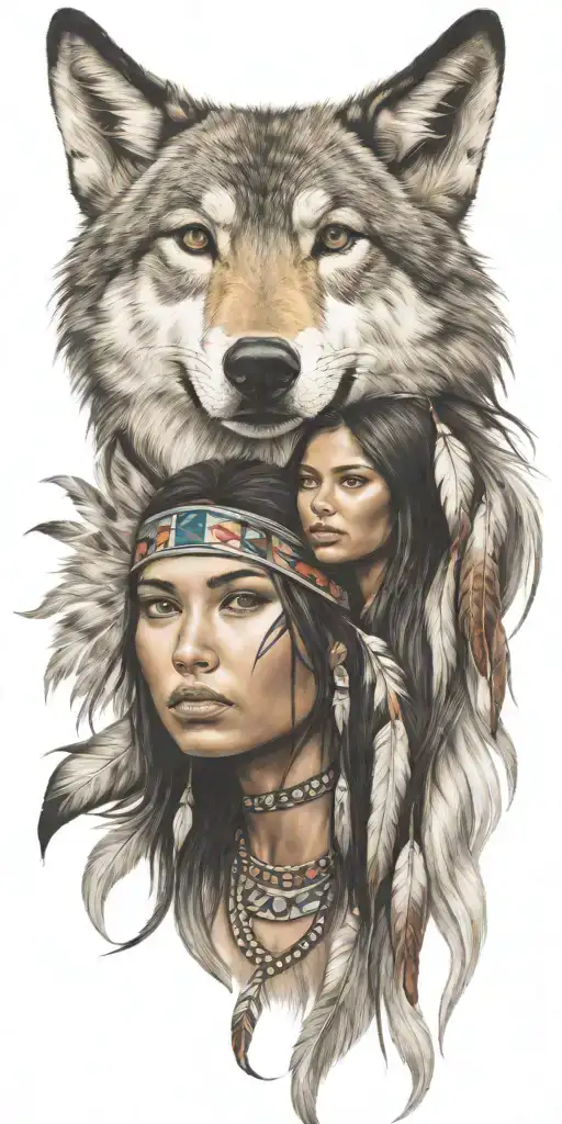 young adorable native american woman wolf tattoo design idea