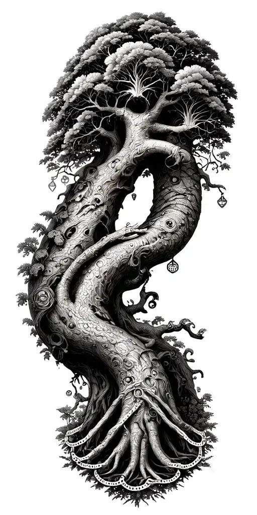 Tattoo of a gothic baobab tree of life entwined with a V-twin engine, the scales of Libra tattoo design idea