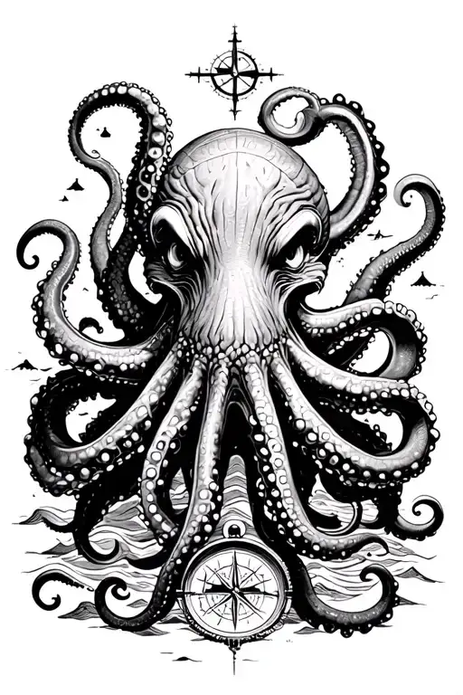 angry kracken octopus in ocean with nautical compass in middle with tentacles out wide with waves tattoo design idea