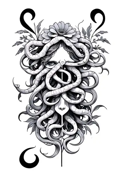 medusa, overcoming sexual abuse survivor symbol intertwined with geometric flowers and semi-colon tattoo design idea