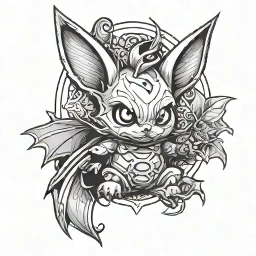 A fierce military-inspired bat with Kuromi elements tattoo design idea
