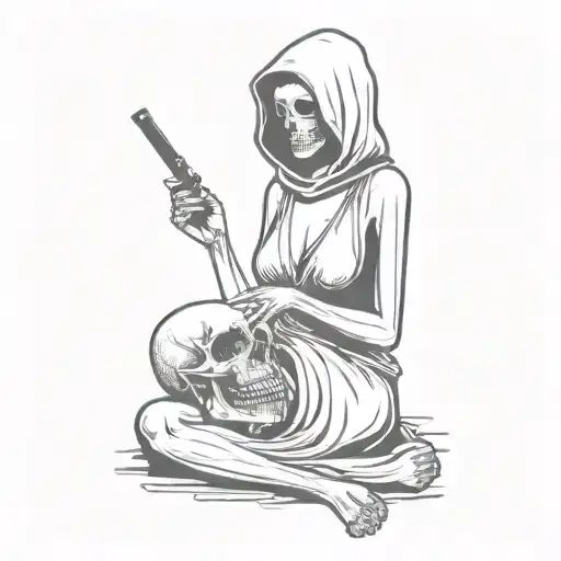 woman smoking a meth pipe with the grim reaper standing behind her tattoo design idea