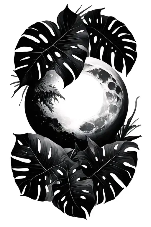 Sun And Moon with monstera leafs tattoo design idea