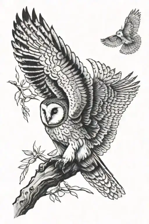 gum tree with barn owl flying tattoo design idea