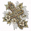 wooden cross with flowers tattoo design idea