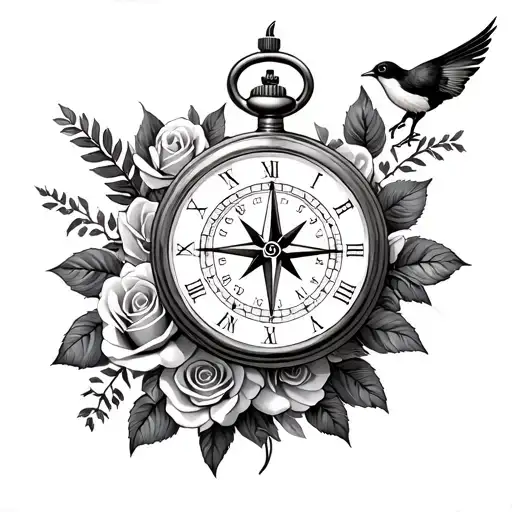 compass and pocket watch with roses and a bird tattoo design idea