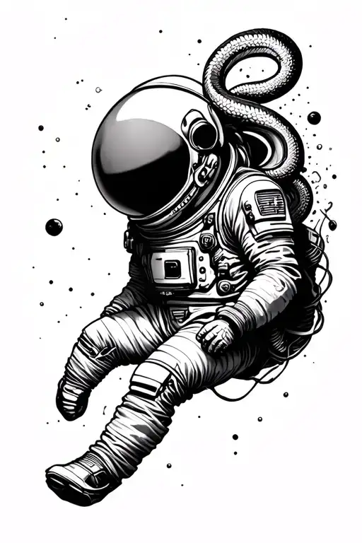 Dead astronaut floating in space with a snake breaking out of his helmet tattoo design idea