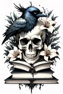 skull,raven, books, gothic, thorn vines, lillies, black and gray  tattoo design idea