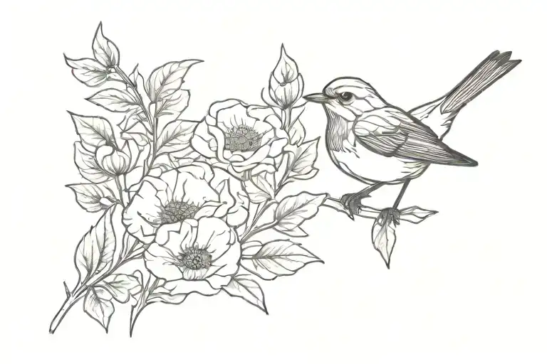 robin swallows poppy leaves line work tattoo design idea