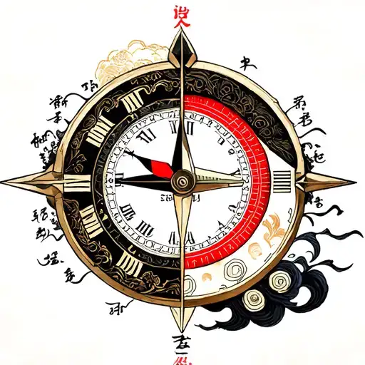 japanses style half clock half compass tattoo design idea