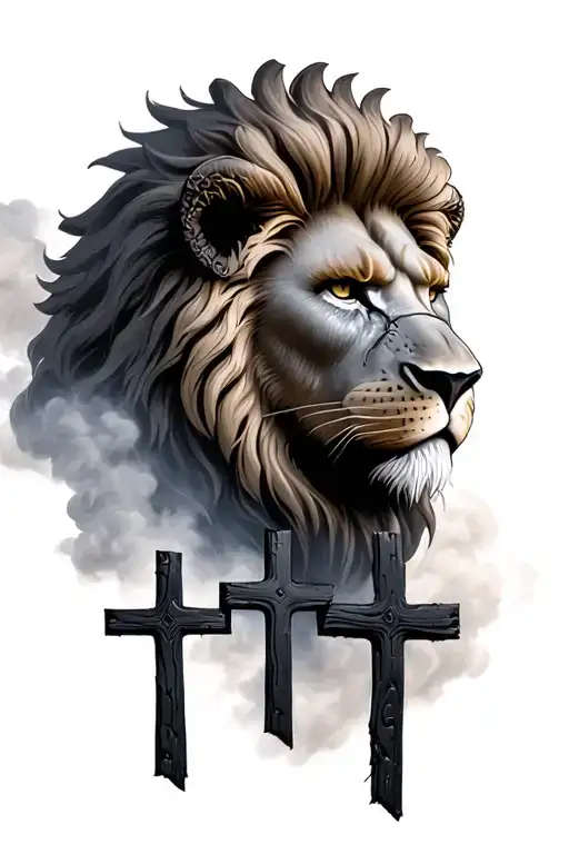 grey lion looking to the right, three black wooden crosses below the lions head. realistic smoky clouds surrounding tattoo design idea
