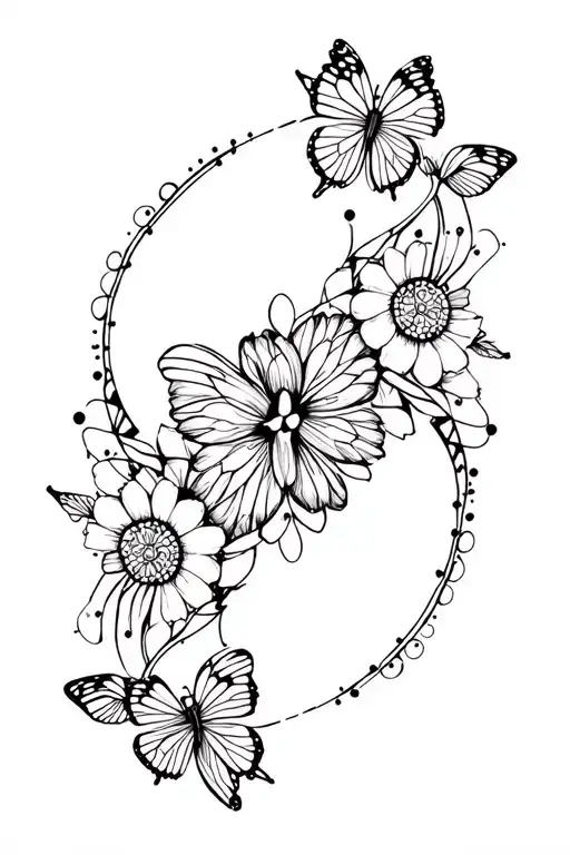black adn white mandala flowers butterflys cherryblossoms dots ladybug cross and heart combine in one tatto tattoo design idea