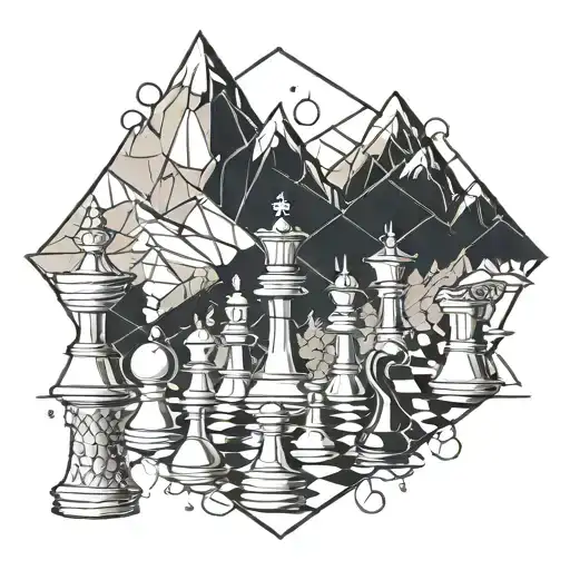 Mountains and chess pieces tattoo design idea