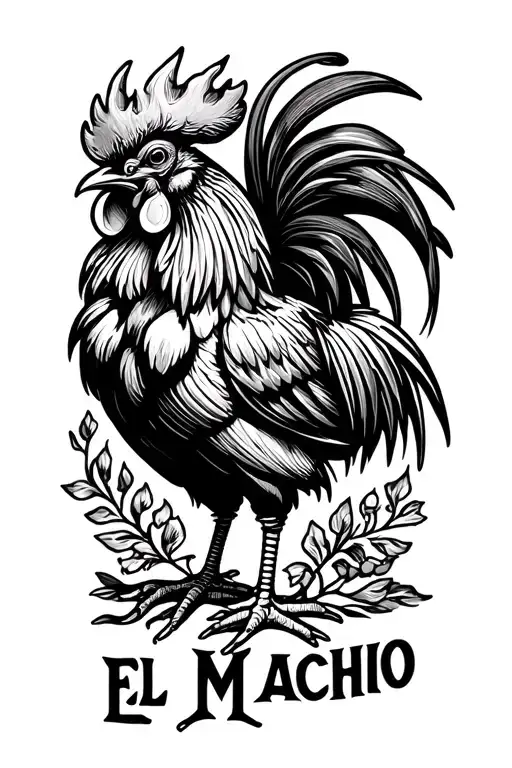 sexy rooster crowing with one head and two legs with "El Macho" written below tattoo design idea