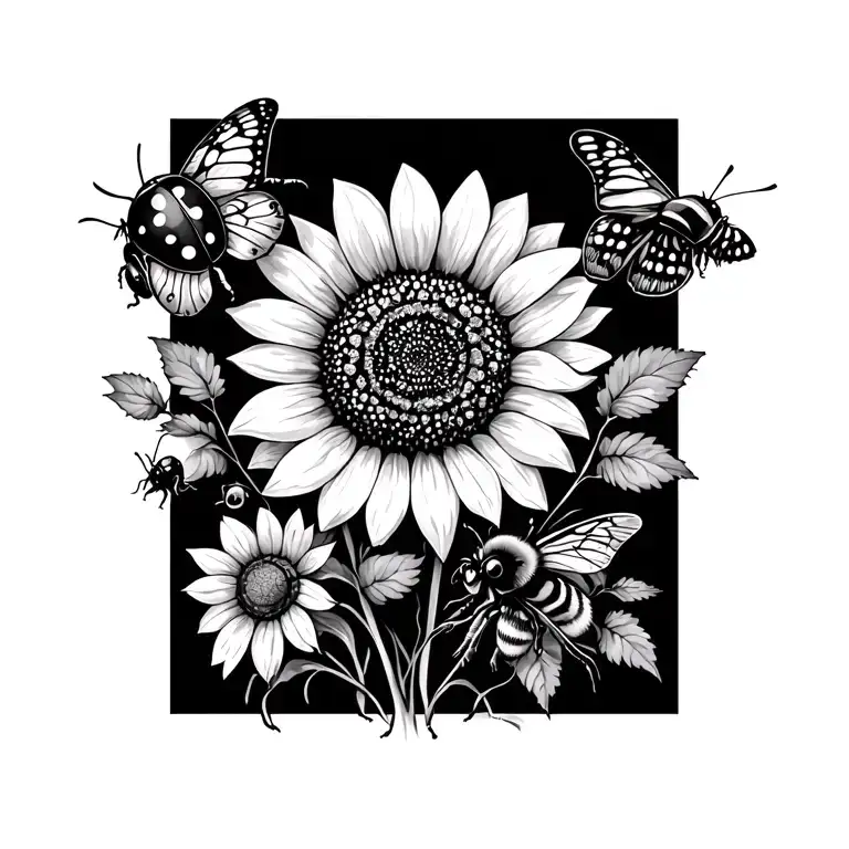 Ladybug, sunflower , bumble bee and butterfly flying tattoo design idea