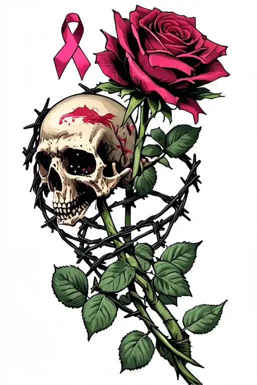 dead roses, barbed wire wrapped, and breast cancer awarness tattoo design idea