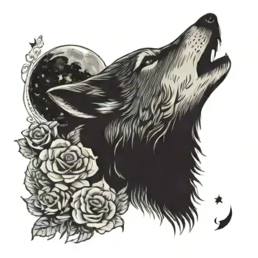 A dotwork design featuring a wolf howling at the moon with delicate roses intertwined in the background tattoo design idea