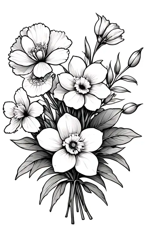 birth flower bouquet, with carnation, snowdrop, daffodil and cherry blossom flowers and flower buds tattoo design idea
