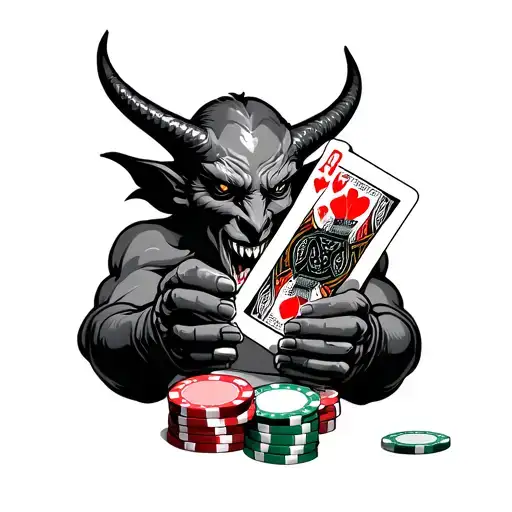 Devil holding Ace's cards, poker chips, money, luck, gamble, guns, bullet. freeze tattoo design idea
