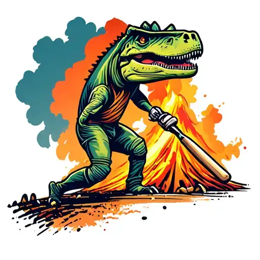 Dinosaur cricket player batting in front of violently erupting volcano tattoo design idea
