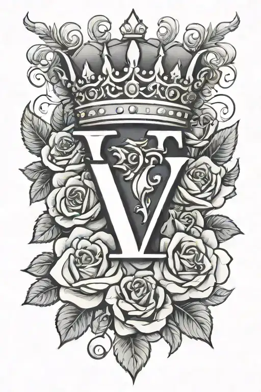 letter V with a crown and roses tattoo design idea