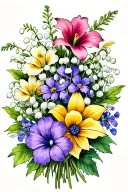 bouquet with lily of valley, Hawthorne, larkspur, morning glory, cosmos, and narcisus tattoo design idea