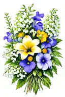 bouquet with lily of valley, Hawthorne, larkspur, morning glory, cosmos, and narcisus tattoo design idea